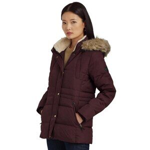 Lauren Ralph Lauren womens XL Burgundy Down Puffer Coat Faux Fur Hooded Jacket